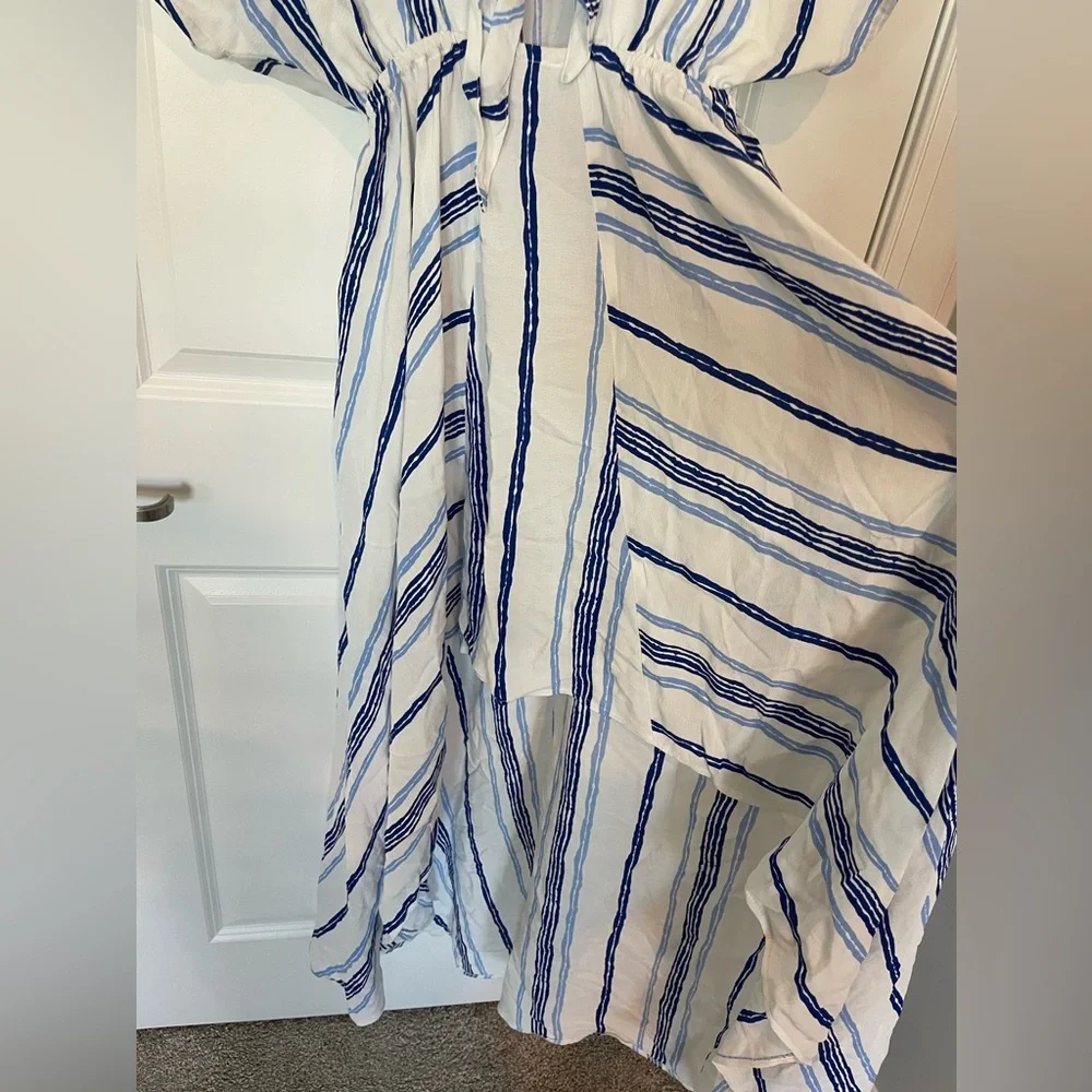 Walker & Wade High Low Swim cover up dress tie front striped blue white - Picture 4 of 8